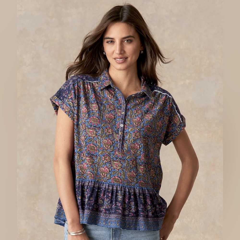 SUNDANCE Women’s Calista Mixed Pattern Floral Boho Peplum Henley Knit Top Large